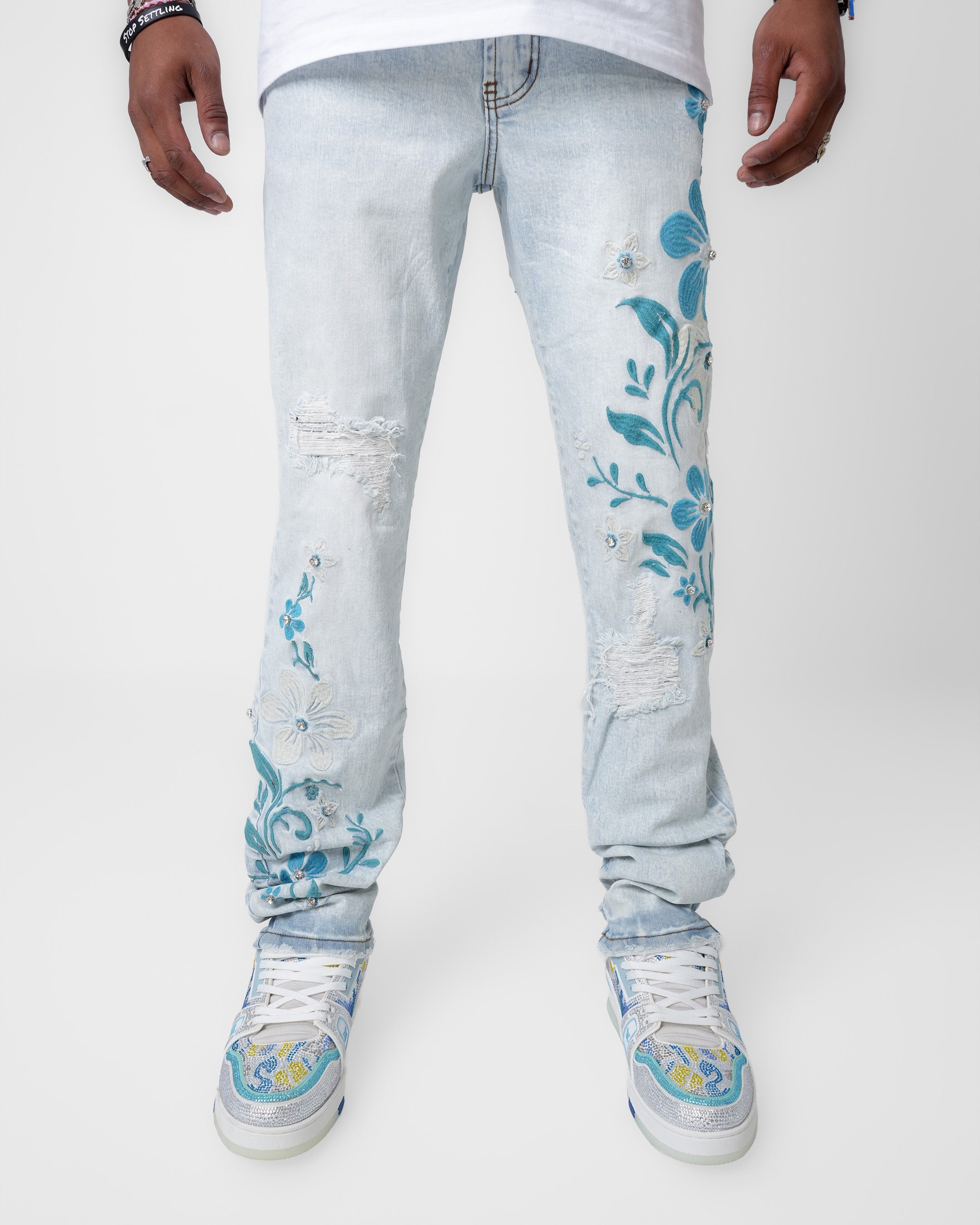 Aqua Fleur Light Embellished Denim