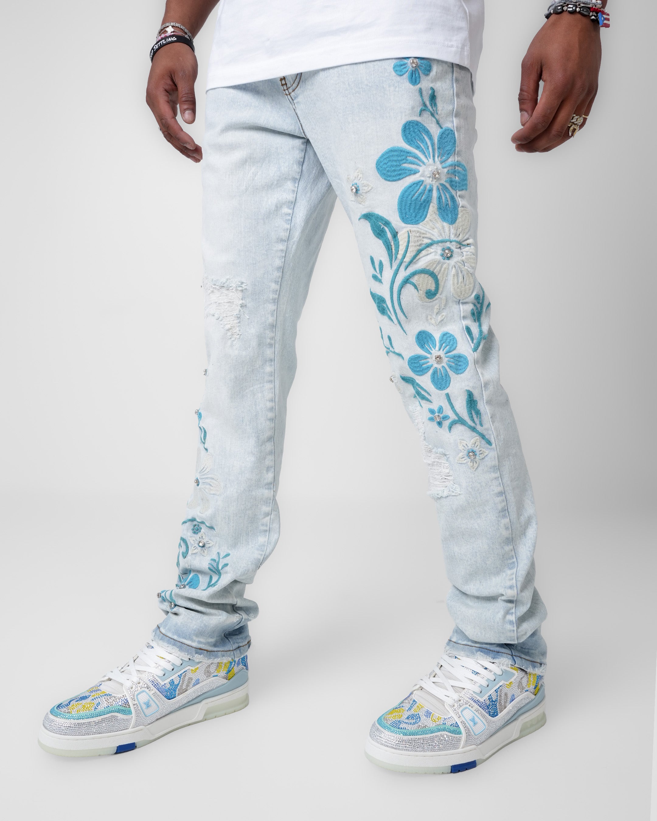 Aqua Fleur Light Embellished Denim