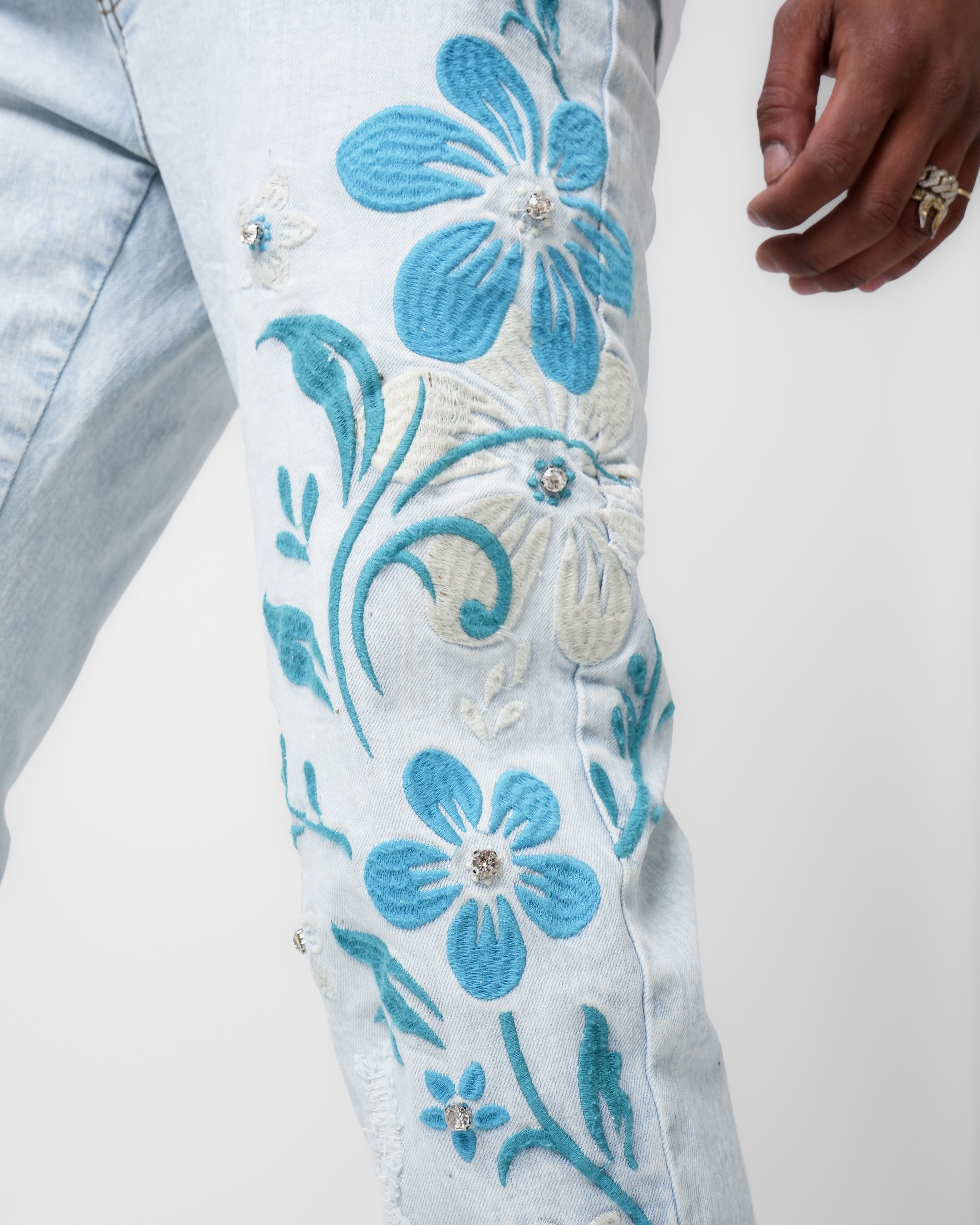 Aqua Fleur Light Embellished Denim