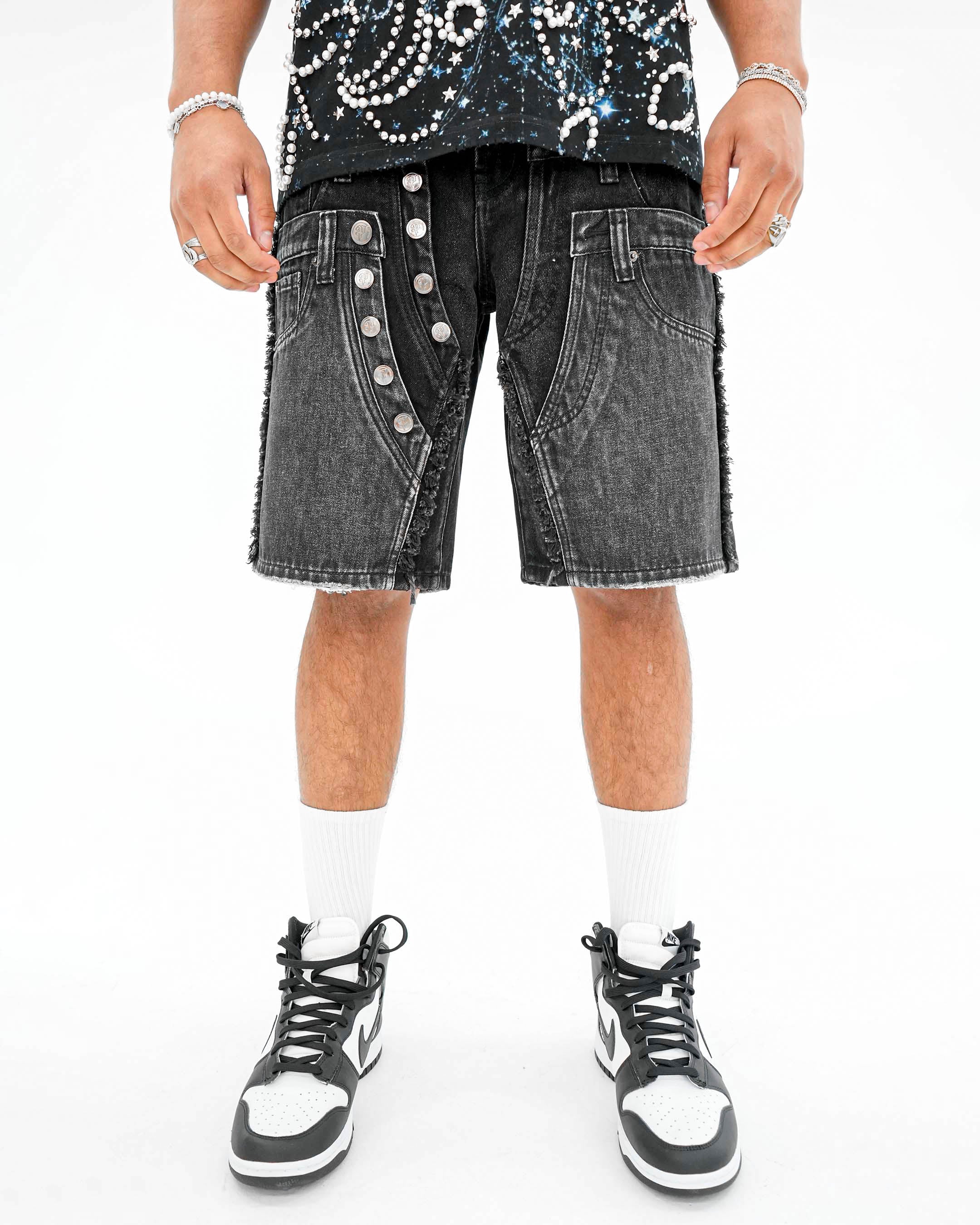 TripleCross Wasitband Black Denim Shorts