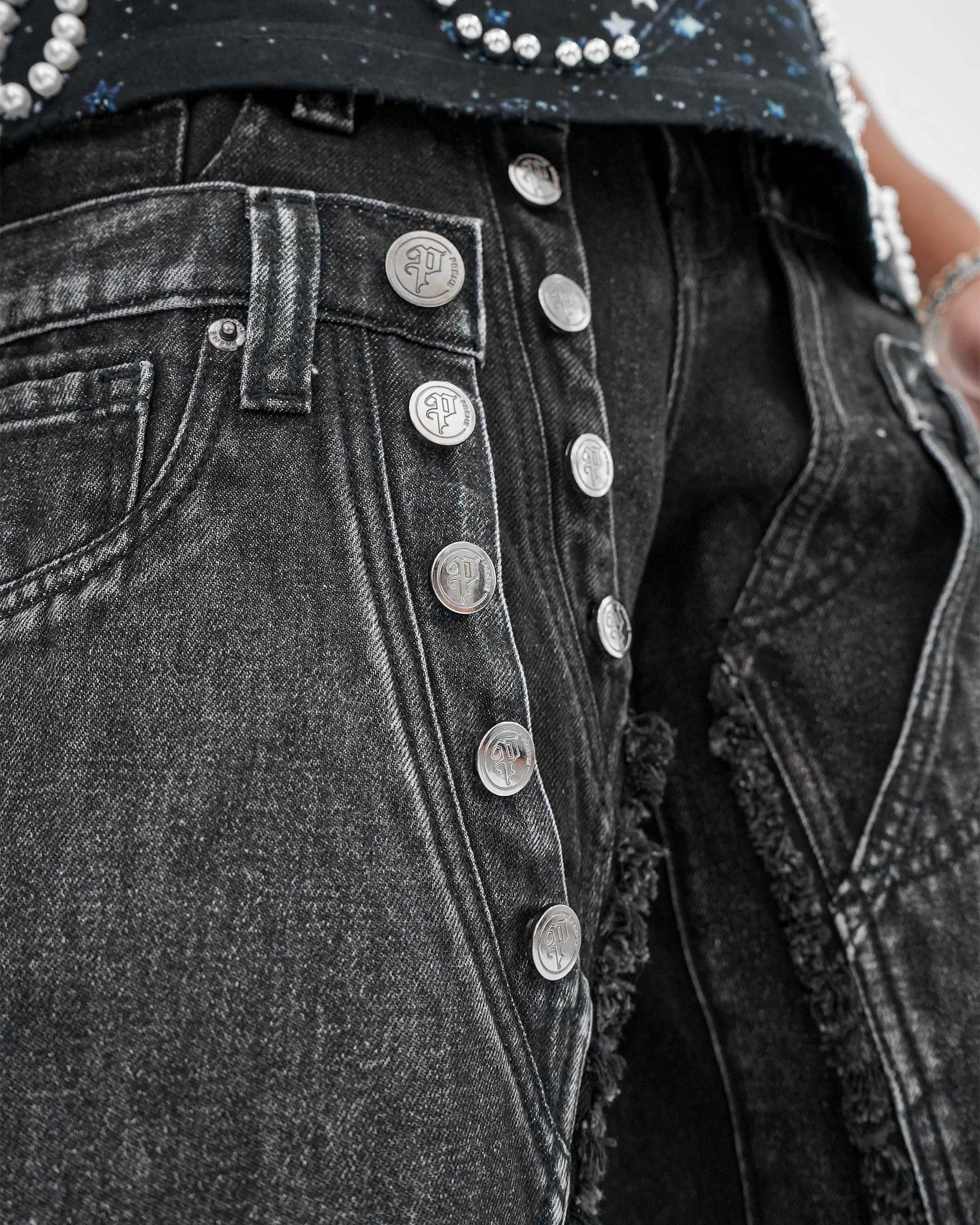 TripleCross Wasitband Black Denim Shorts