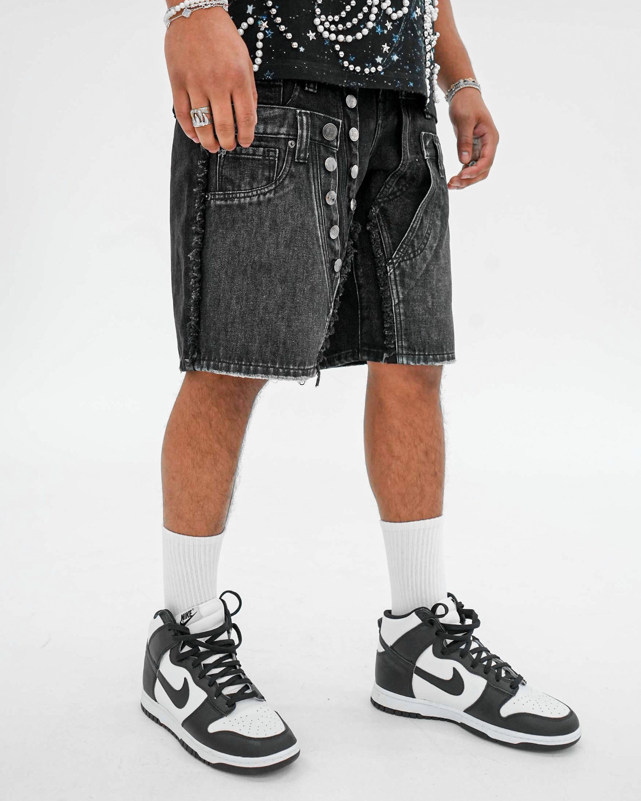 TripleCross Wasitband Black Denim Shorts