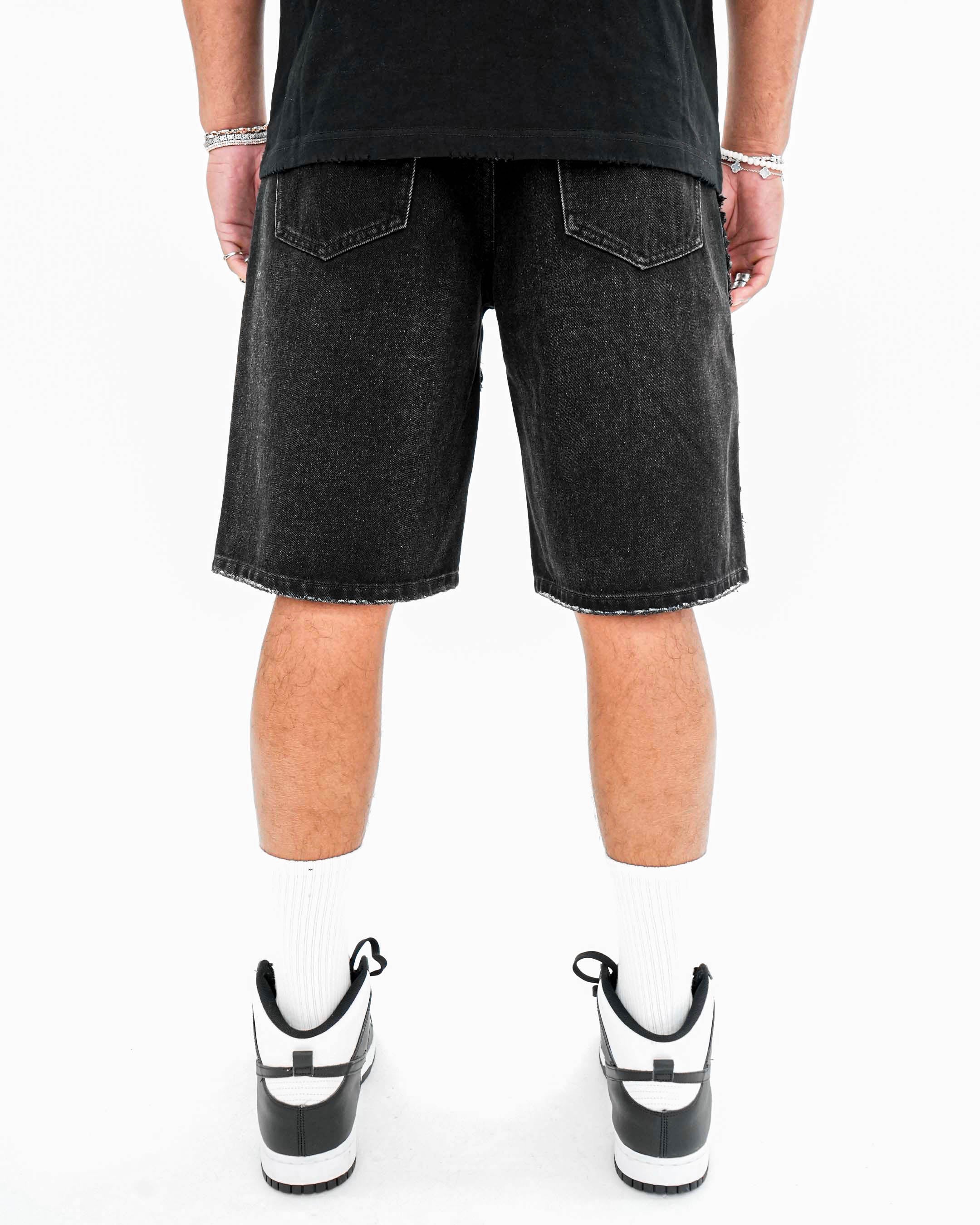 TripleCross Wasitband Black Denim Shorts