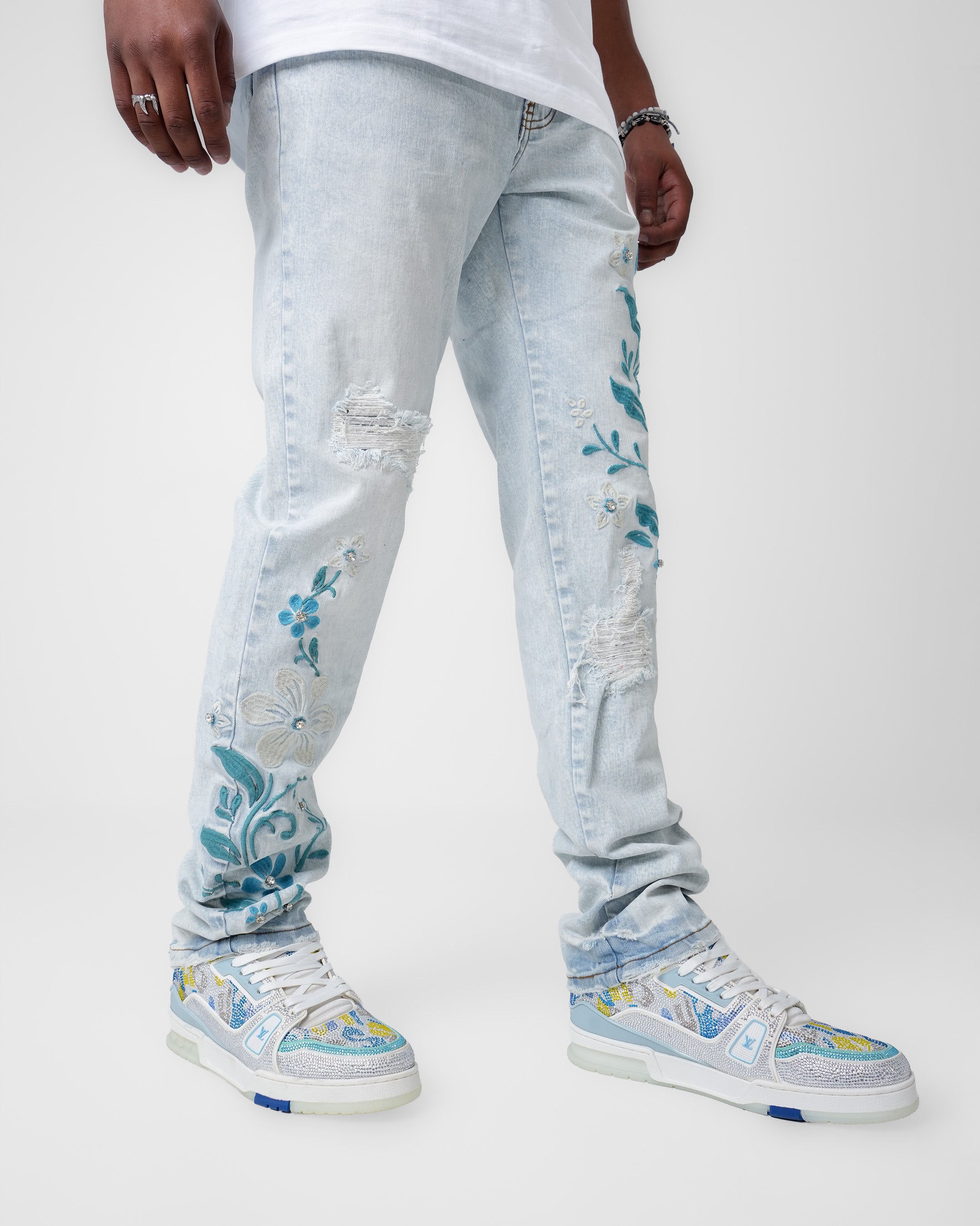 Aqua Fleur Light Embellished Denim