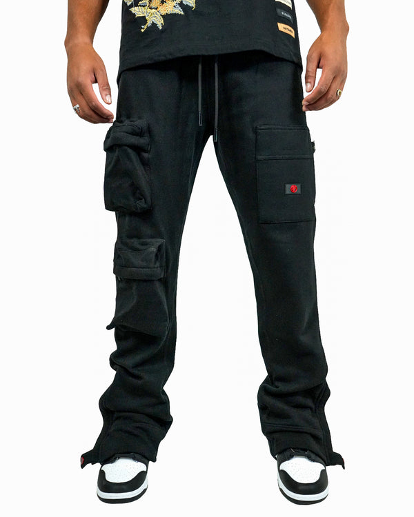 Vandal Black Cargo Semi-Stacked Sweatpants
