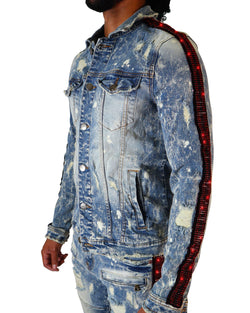 Eldredge Red/Black Rhinestoned Striped Light Indigo Denim Jacket - PREME USA