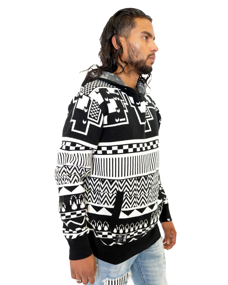 Static Jacquard Wolven Knit Black Hoodie