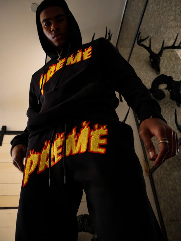 PREME BLAZE Chenille Black Hoodie & Sweatpants Set