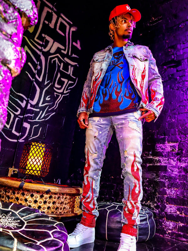 Flame Red Stoned Indigo Denim Jacket - PREME USA