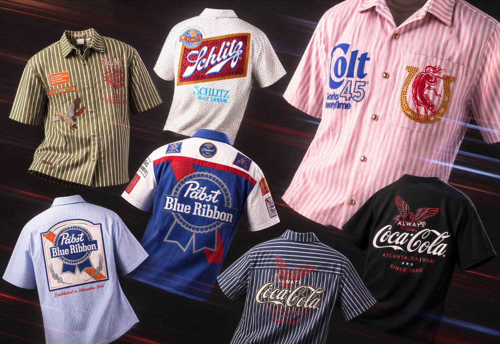 PREME mechanic shirts laid out: Pabst Blue Ribbon, Schlitz, Colt 45, Coca-Cola